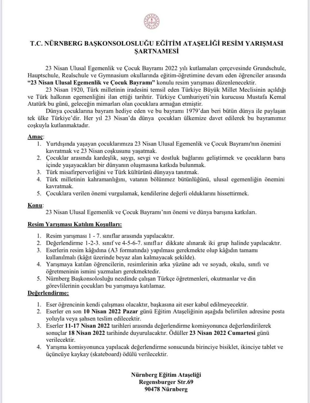 Nürnberg Eğitim Ataşeliği 23 Nisan resim yarışması düzenliyor