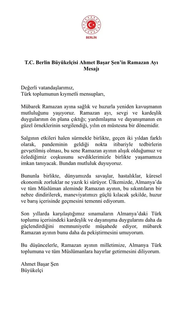 Büyükelçi Ahmet Başar Şen’in Ramazan Ayı mesajı