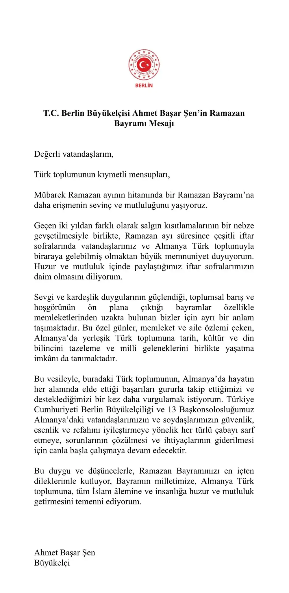 Büyükelçi Ahmet Başar Şen’in Ramazan Bayramı vesilesiyle yayımladığı mesaj