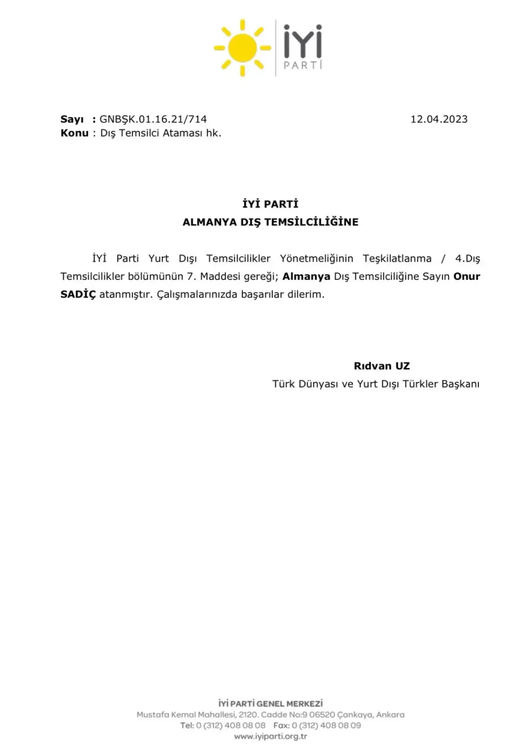 İyi Parti Almanya Başkanlığına Onur Sadıç atandı