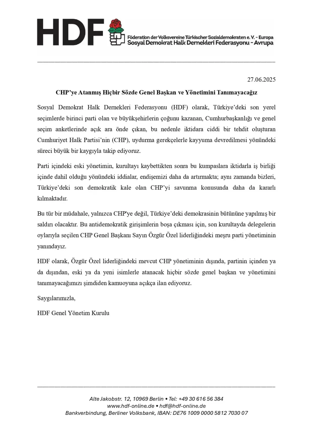 HDF'den Sert Tepki: "CHP’ye Atanmış Sözde Genel Başkan ve Yönetimini Tanımıyoruz"